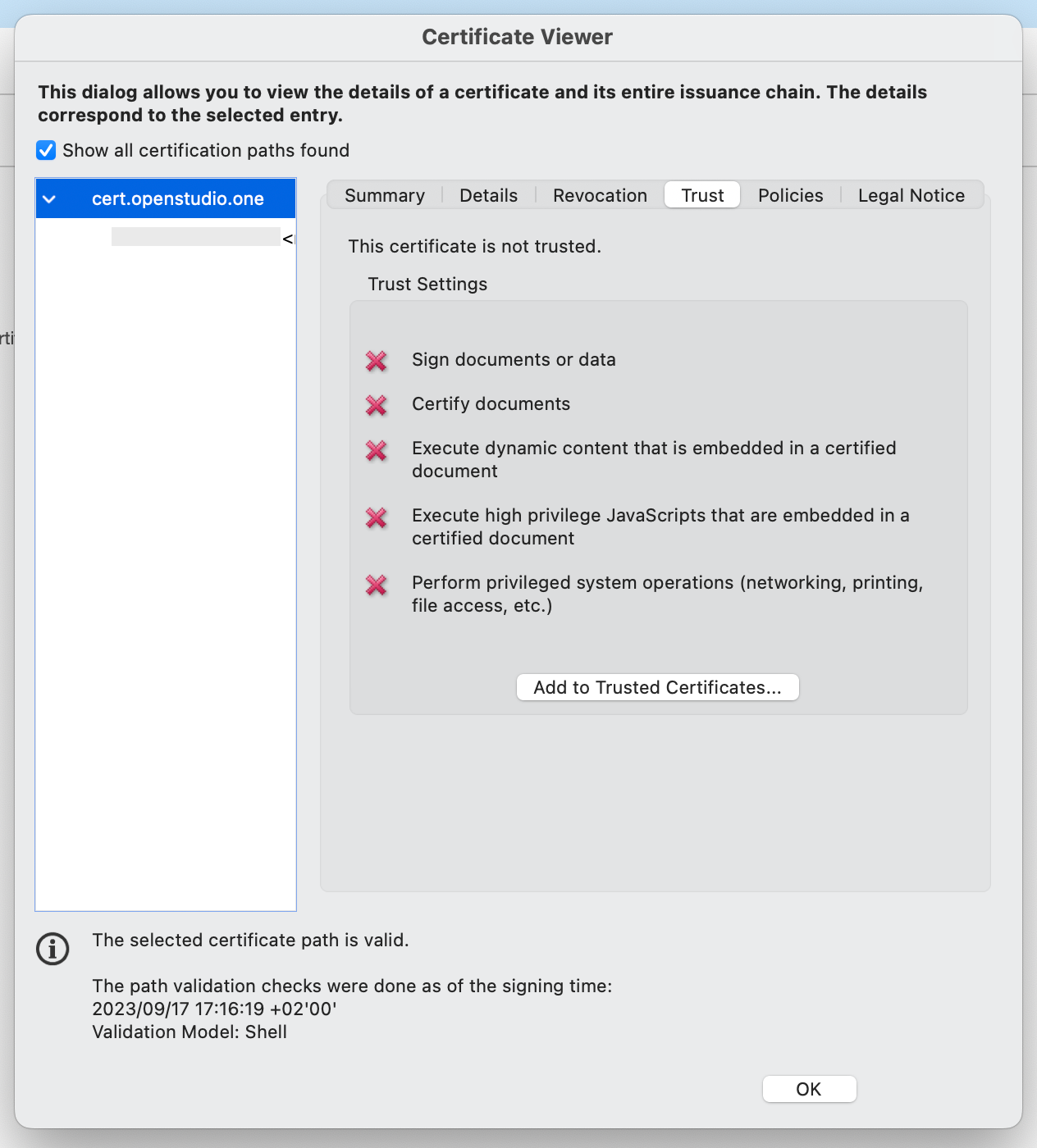 OpenStudio - Desktop Digital Signature Verification - Add to trusted certificates